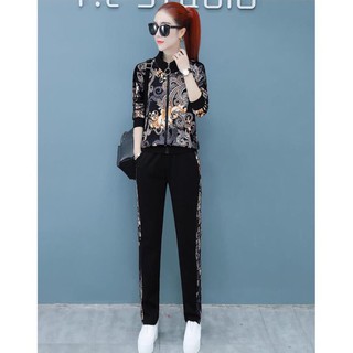 Bộ Nỉ Nữ Thể Thao Thu Đông Mặc Nhà VNXK Cao Cấp Phối Hoa Văn Độc Đáo