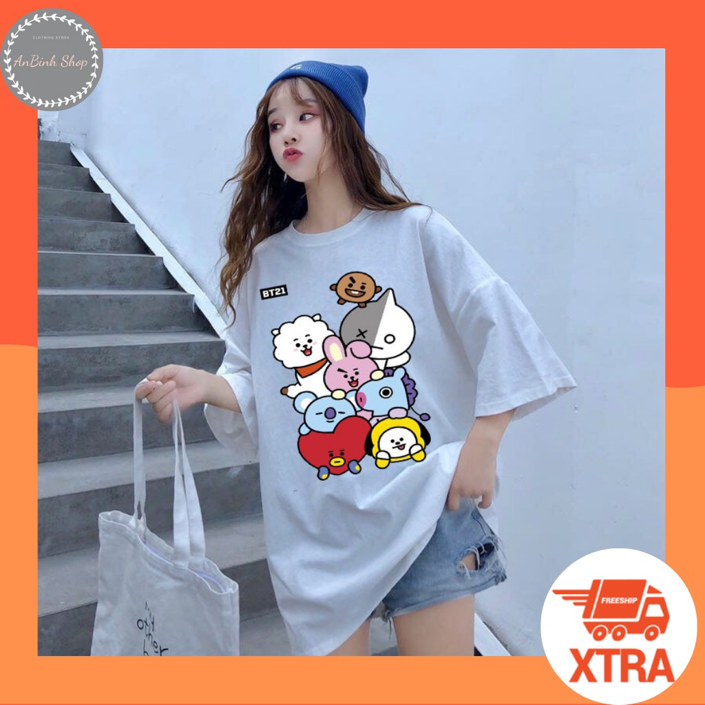 BST áo thun unisex BTS BT21 form rộng mùa hè thời trang phong cách Hàn Quốc cotton vải dày mịn