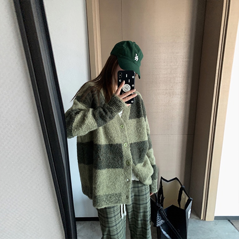 Áo khoác cardigan ZHELIHANGFEI dệt kim tay dài dáng rộng họa tiết kẻ sọc thời trang