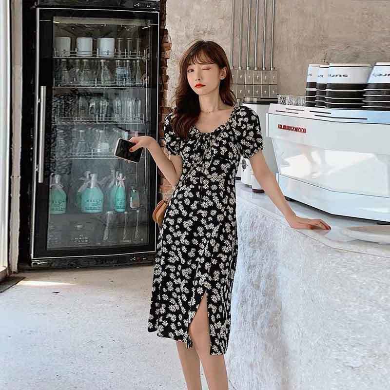 Đầm Chiffon Tay Ngắn In Hoa Cúc Nhỏ Hở Lưng Kiểu Pháp Thời Trang Cho Nữ