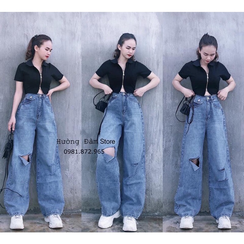 Baggy Jeans Ống Suông Túi Nắp Rách 3 Line