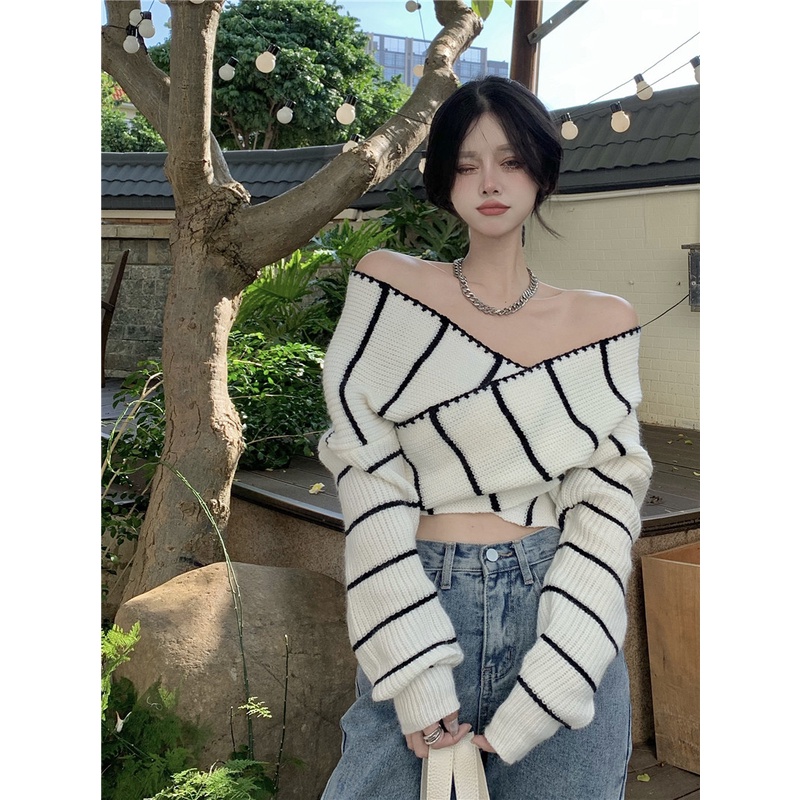 ZHELIHANGFEI Áo Sweater Tay Dài Trễ Vai Lưng Cao Kiểu Dáng Quyến Rũ
