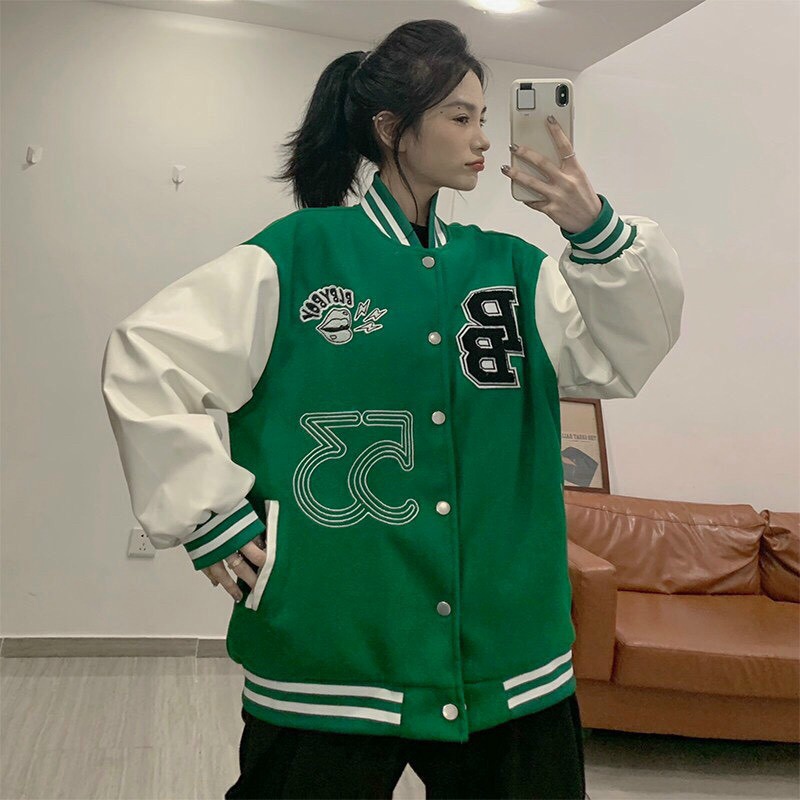 Áo Khoác Bomber Nữ PB Vải Dù 2 Lớp In Chữ 3 Màu Phối Tay Trắng Form Rộng Mặc Đẹp Hot Trend NEW UNISEX