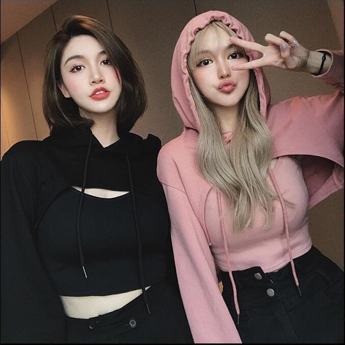 COZOK Set Áo Hoodie Lửng Tay Dài + Áo Sát Nách Kiểu Dáng Trẻ Trung Năng Động