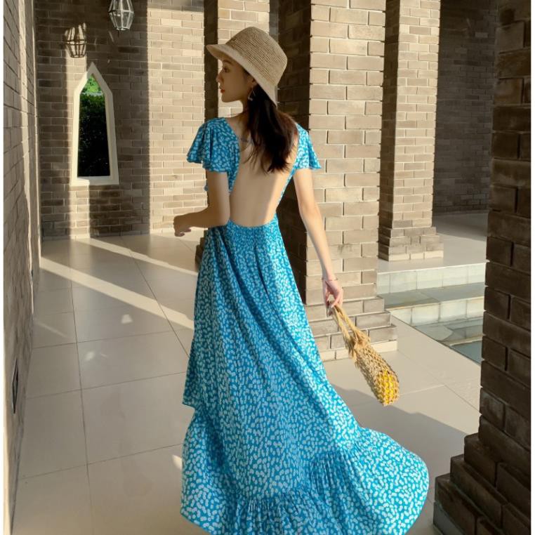 (HÀNG SẴN) Váy maxi hở lưng đuôi cá công chúa cổ tích Boho style Vintage đi biển hè 2021 đẹp