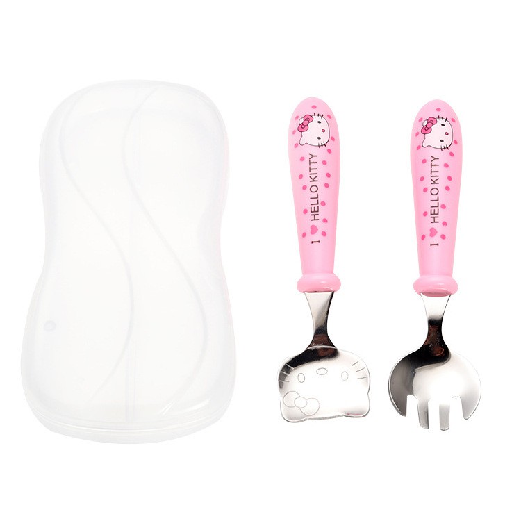 ♥♥Bộ Muỗng Nĩa Bằng Thép Không Gỉ Hình hello kitty Thân Thiện Với Môi Trường Kèm Hộp Đựng Cho Bé