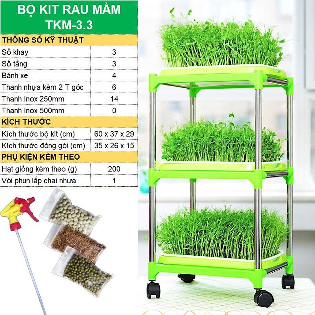 Bộ kít Khay trồng rau mầm thủy canh, khay trồng rau mầm xếp tầng (tặng kèm hạt giống, vòi xịt nước)