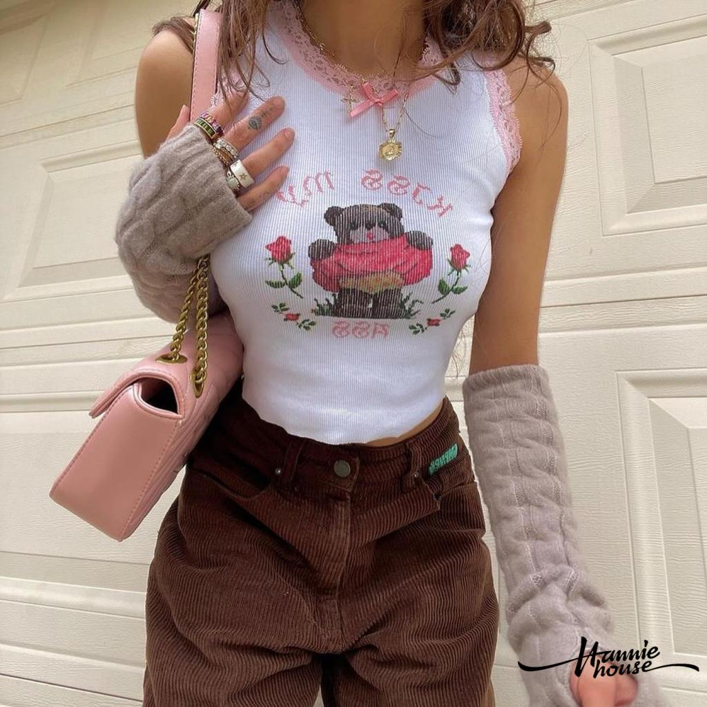 Hannie-Women Crew Neck Lace Trim Cartoon Bear Print Summer Slim Vest