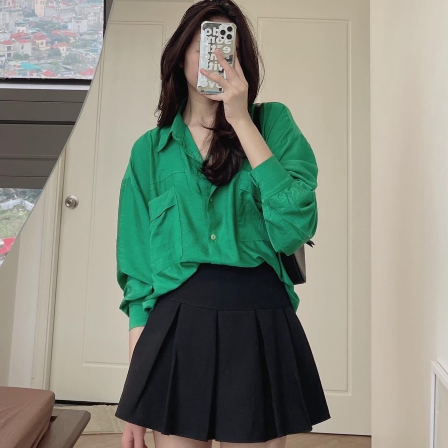 Sơ mi trơn xanh lá dài tay nữ 🌺 Áo tay bồng cổ bẻ khuy cài form rộng, dáng suông thiết kế đơn giản Ulzzang HOT 🌺