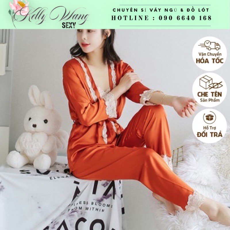 Bộ ngủ Combo lụa satin quần dài phối ren kèm áo choàng KELLY WANG SX265 - Hàng nhập quảng châu cao cấp-hình thật