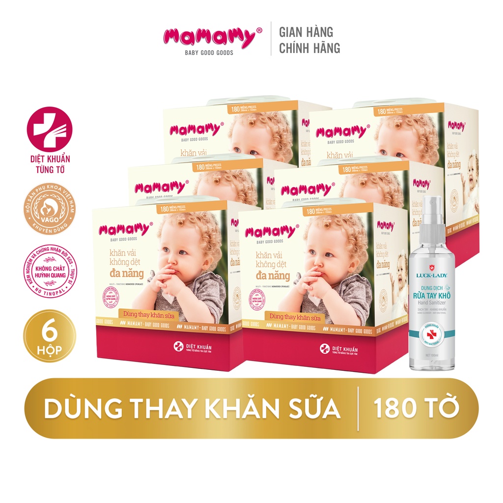 Combo 6 Hộp khăn khô Mamamy 180 tờ/hộp và 1 Chai dung dịch rửa tay khô Luck Lady 100ml/chai