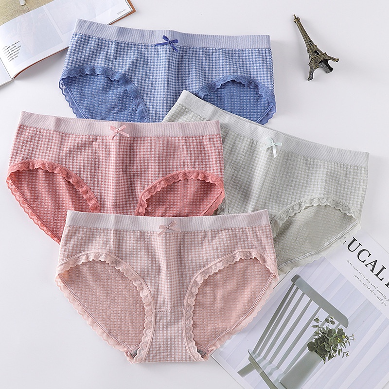 [Thanh Lý] Quần lót cotton KIMCHIBIKINI kẻ caro freesize 40-55kg phối ren nơ co dãn 4 chiều ôm bụng nâng mông QL124