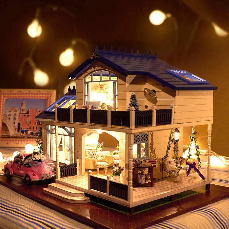 Mô hình nhà búp bê DIY Doll House Miniature_ Wisdom House Provence _Tặng TẤM CHE BỤI + KEO + CAR