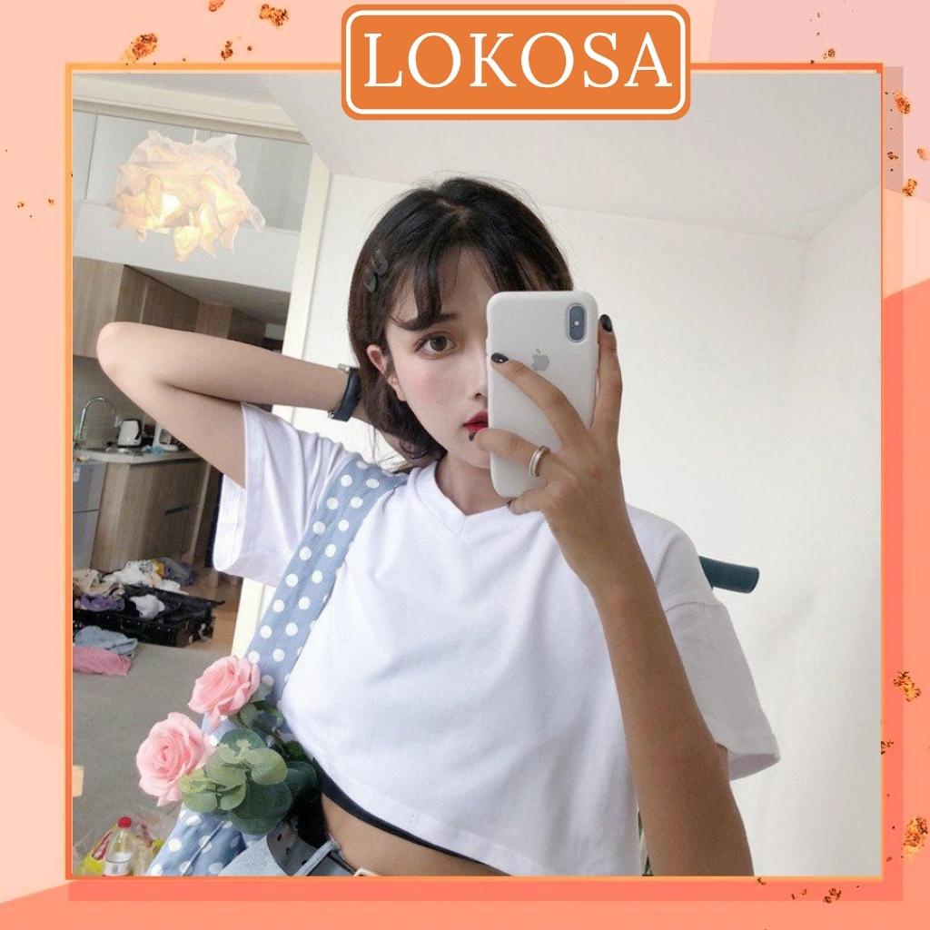 Áo Kiểu Croptop Cổ tim LOKOSA, Áo Croptop nữ thun tay ngắn, sexy, Form rộng Hàn Quốc nhiều màu Đen, Trắng, Hồng AO007