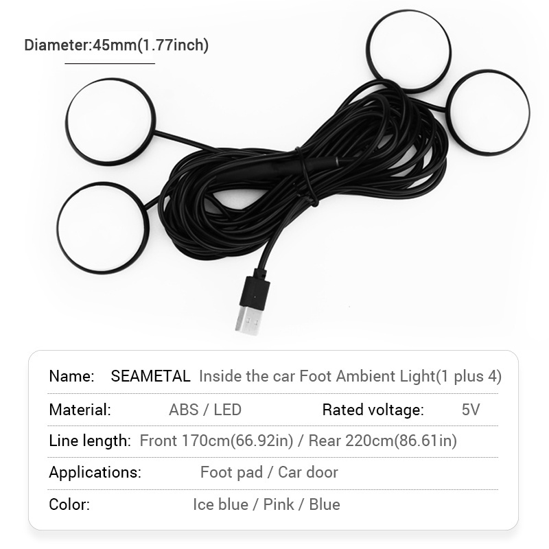 Đèn LED SEAMETAL chiếu sáng xung quanh sàn xe hơi 4 trong 1 nguồn điện USB 12V màu xanh dương/ xanh dương lạnh/ hồng