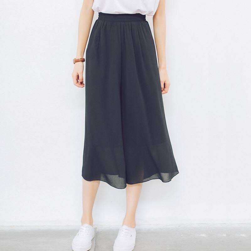 Quần Culottes 2 lớp màu đen form suông lưng thun thoải mái