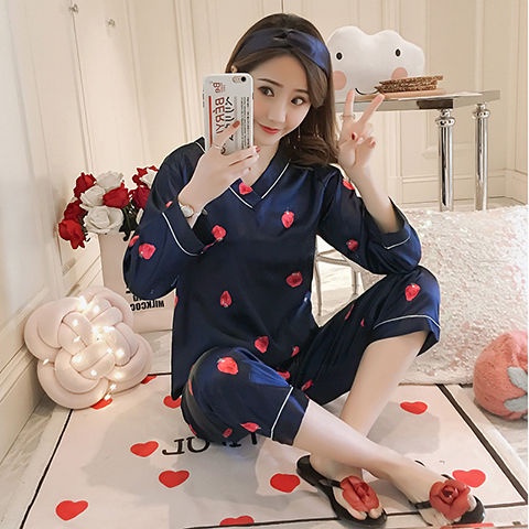 Bộ đồ ngủ tay dài chất lụa lạnh mỏng cỡ lớn kiểu Hàn Quốc dễ thương thời trang xuân thu cho nữ