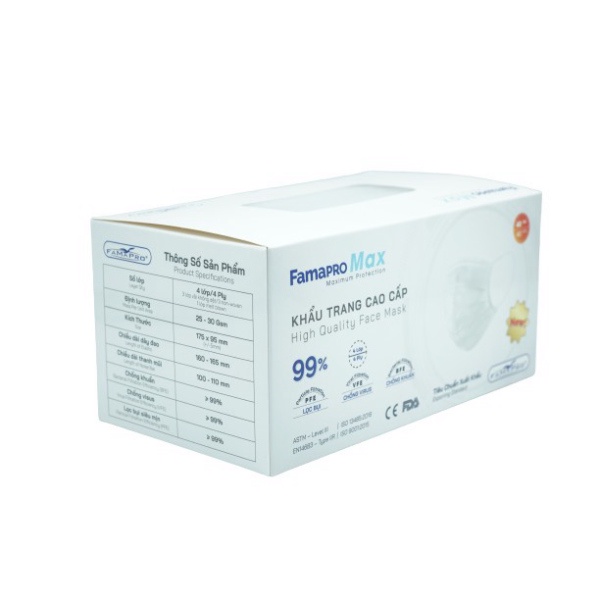 Khẩu trang y tế cao cấp kháng khuẩn 4 lớp Famapro max màu trắng (40 cái /hộp)
