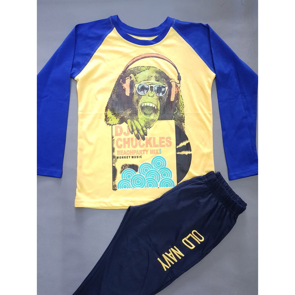 Bộ thun cottton tay dài in khỉ nghe nhạc size đại