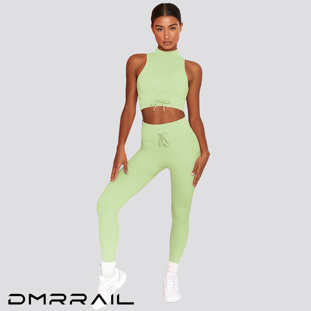 Set 2 món đồ tập thể thao DMRRAIL gồm áo thun cổ cao + quần legging dệt kim cho nữ