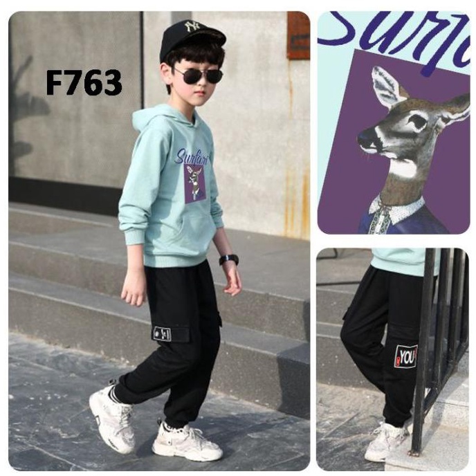 Bộ áo Hoodie + quần dài màu xanh lá cho bé trai 4-5 tuổi Baf763