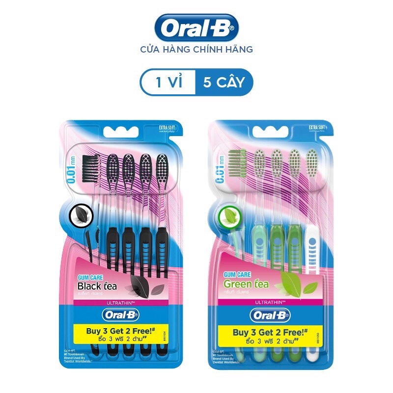 Bàn chải Oral-B tinh chất Trà Xanh/ Trà Đen vỉ 3cây / 5cây