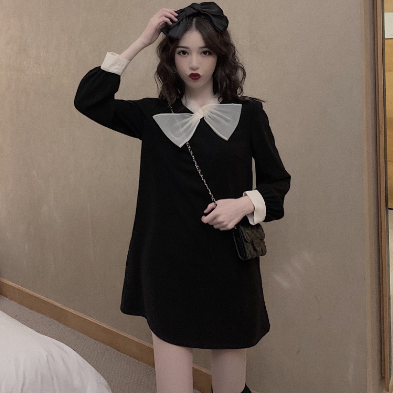 Đầm Ngắn Tay Dài Dáng Ôm Màu Đen Phối Nơ Phong Cách Pháp Cổ Điển Thời Trang Cho Nữ