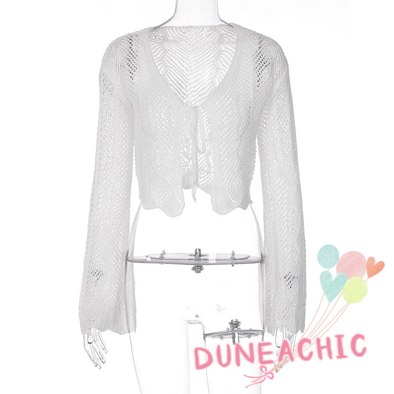 DUNEA Áo Khoác Cardigan Dệt Kim Dài Tay Phối Dây Thắt Thời Trang Dành Cho Nữ