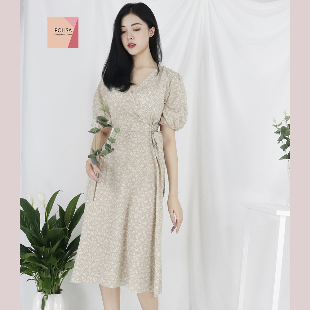 Đầm váy nữ hoa nhí dáng dài, cổ chéo dễ thương, xinh xắn Rolisa RD049 | BigBuy360 - bigbuy360.vn