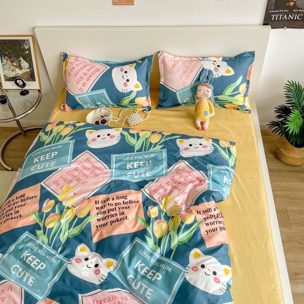Bộ chăn ga gối Cotton Poly Bo Decor Mèo hoa, vỏ chăn mền, drap giường và 2 vỏ gối