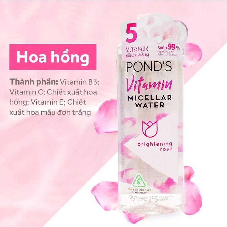 Nước tẩy trang sáng da Pond's White Beauty Micellar Water Vitamin 100ml ( Hoa Hồng- Than Tre)