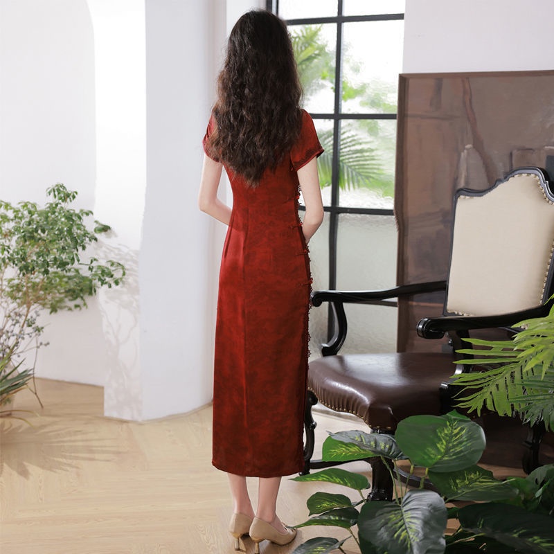 Đầm Sườn Xám Dáng Dài Tay Ngắn Màu Đỏ Rượu Cao Cấp Thời Trang Theo Phong Cách Vintage Cho Nữ Size S - XXL