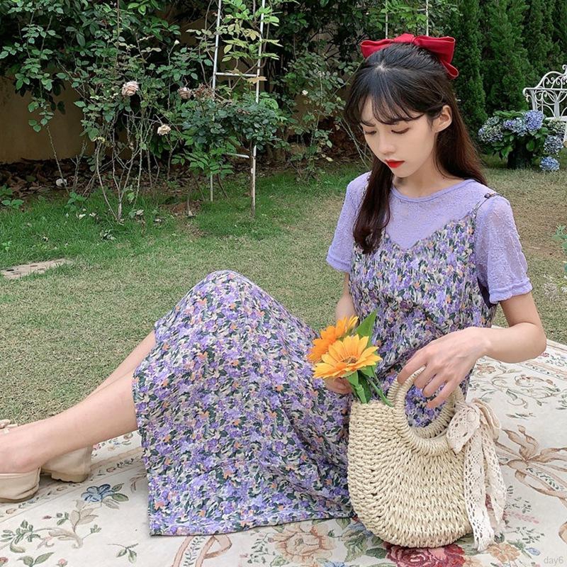 Korean Fashion Wild Floral Slim Retro V-Neck Oil Painting Picture Color Sling Dress | WebRaoVat - webraovat.net.vn