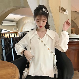 Áo sơ mi nữ cổ V dài tay chất đẹp hàng Quảng Châu cúc chéo