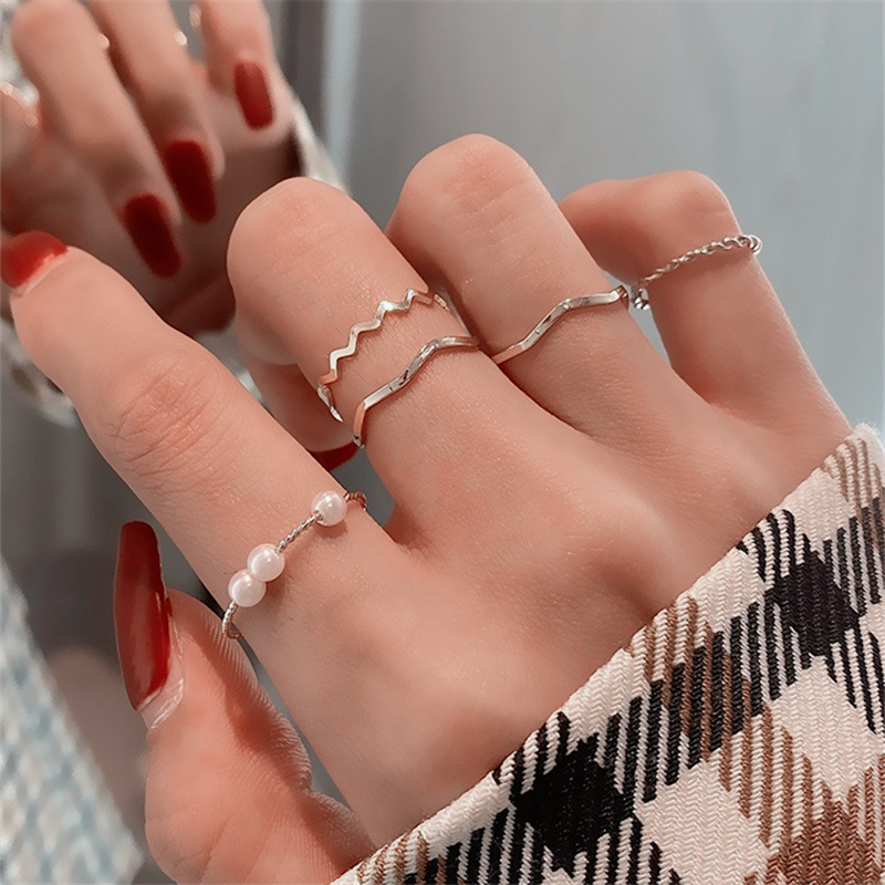 MANYUE Bộ 5 nhẫn bằng kim loại đính ngọc trai giả kiểu dáng đơn giản thời trang cho nữ
