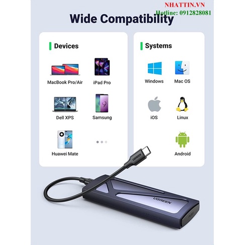 Box ổ cứng SSD M.2 B&M-Key & M-Key NVME/PCIE 3.0 USB Type-C 3.2 GEN2 tốc độ 10Gbps Ugreen 90541 cao cấp