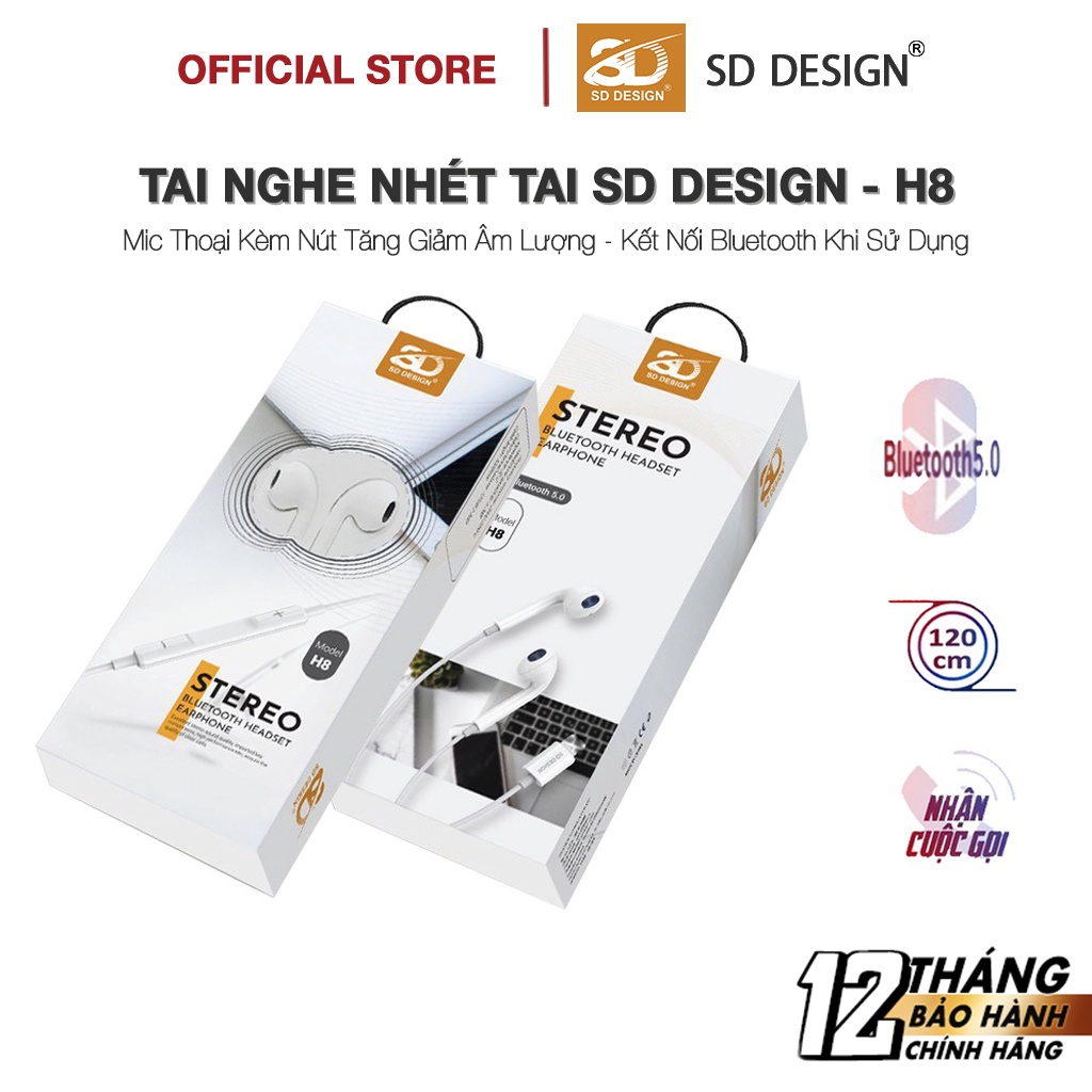 Tai nghe dây nhét tai SD DESIGN H8 chính hãng có mic đàm thoại Kết nối bluetooth khi sử dụng bảo hành 1 đổi 1