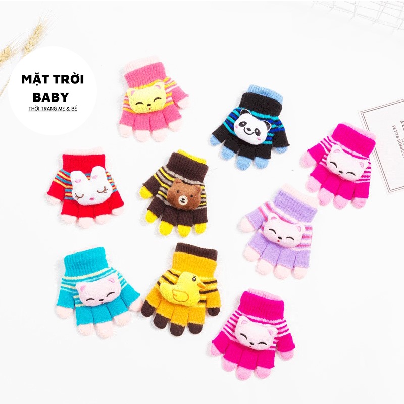 Găng tay len 2 lớp đính gấu bông đáng yêu cho bé 1-3 tuổi