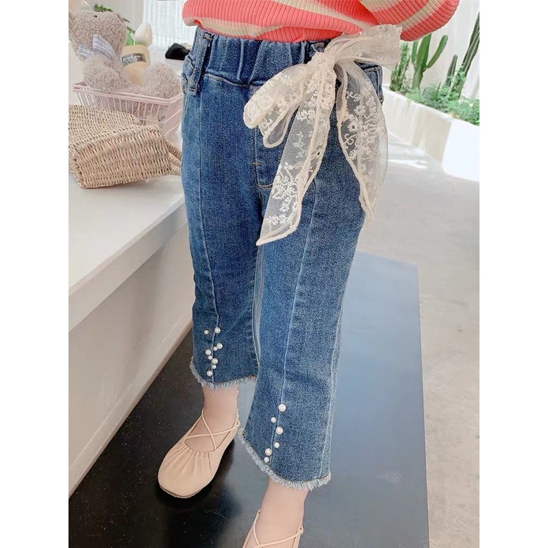XẢ BG208 - QUẦN JEAN XANH NƠ REN ĐÍNH HẠT GẤU BÉ GÁI