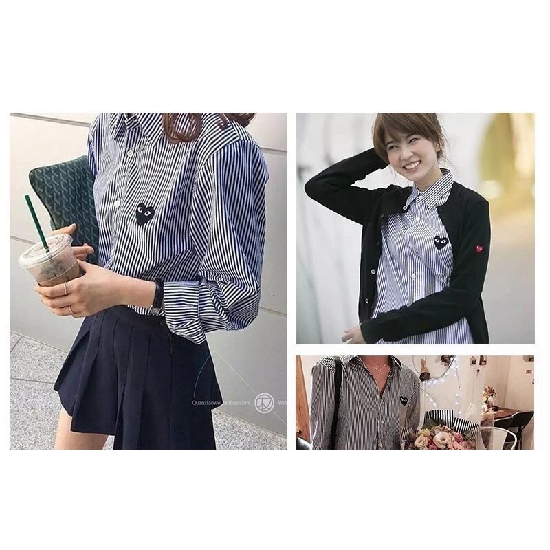sơ mi kẻ sọc logo mắt trái tim đen đỏ kiểu học sinh công sở thanh lịch, thời trang