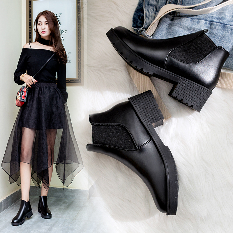 2020 Fashion Women Korean Chelsea Boots Round Head PU Leather Thick Bottom Ankle Boot