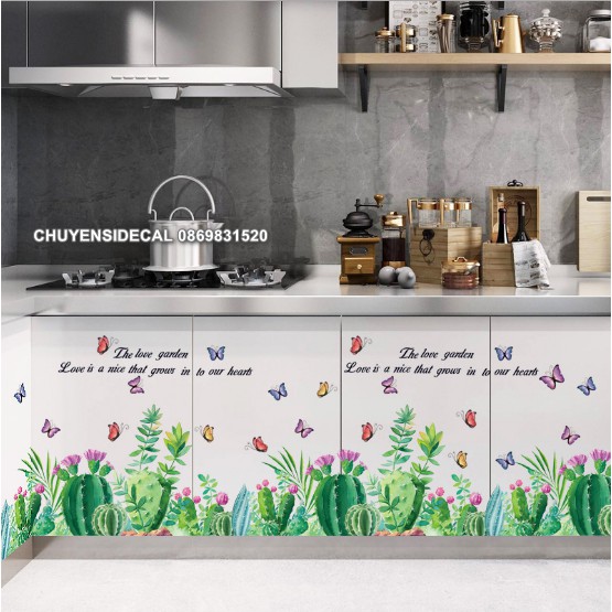 Decal dán tường - Chân tường Lá Cỏ bướm hoa kèm chữ mới