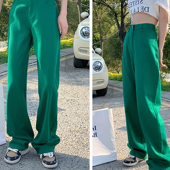 SUXI Quần Jean Nữ Ống Rộng Lưng Cao Màu Sắc Đơn Giản