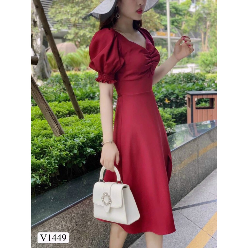 Đầm Tay Bồng Chẻ Tà Cao Cấp Cổ tim Nhúm Ngực