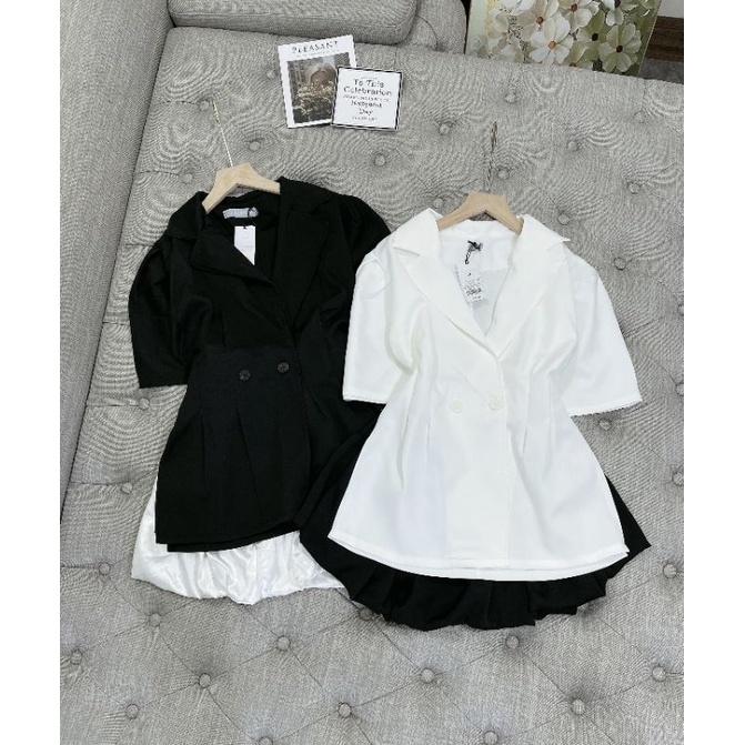 Sét áo vest cúc tay bồng xếp ly eo mix chân váy lụa bom xoè | BigBuy360 - bigbuy360.vn