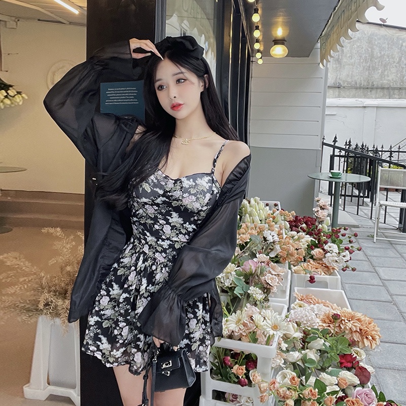Set đầm hai dây họa tiết hoa và áo khoác cardigan PERTY chống nắng phong cách thời trang Hàn Quốc
