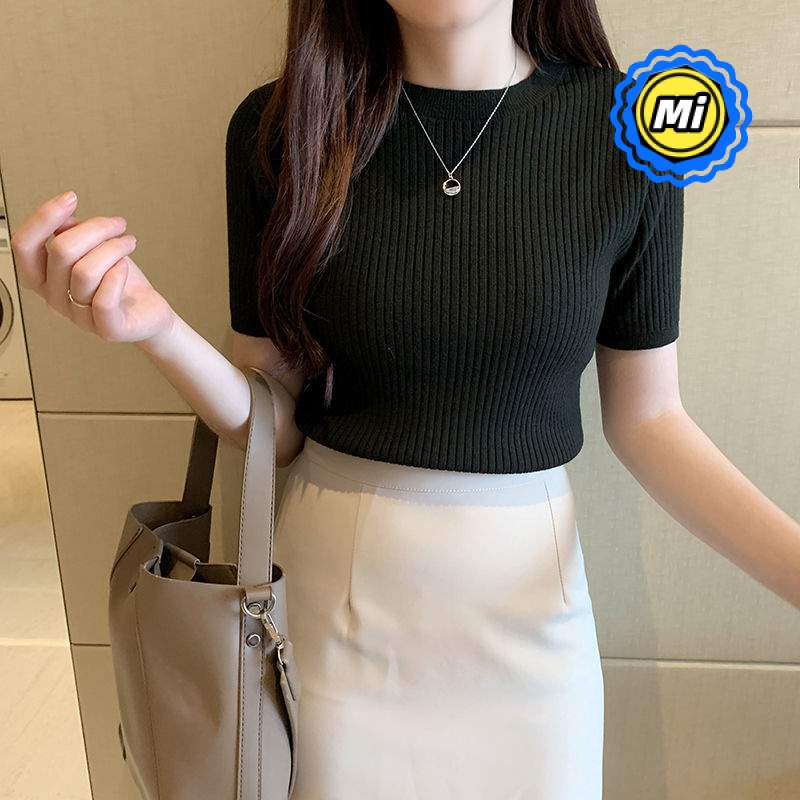 Áo Dệt Kim Ngắn Tay Cổ Tròn Dáng Ôm Thời Trang Mùa Hè