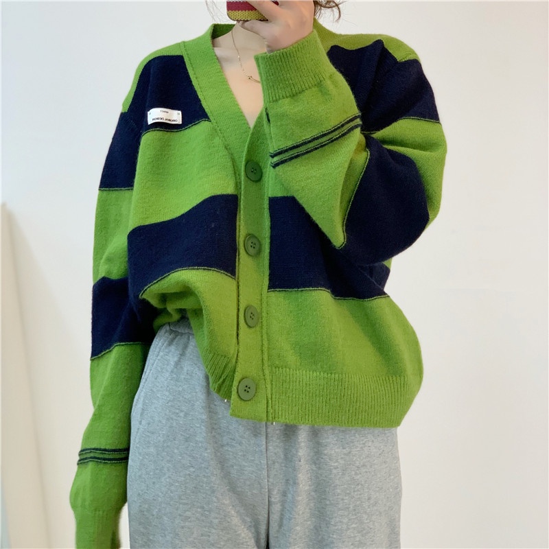 Áo cardigan len nữ dệt kim màu xanh lá Quảng châu cao cấp phong cách Hàn Quốc khoác ngoài cá tính kẻ ngang kozoda AC45