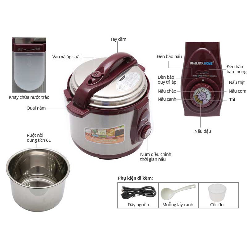 NỒI ÁP SUẤT 6 LÍT KHALUCK KL 688, DÀY 6 LỚP, LỒNG MEN CHỐNG DÍNH - COOKING HOME