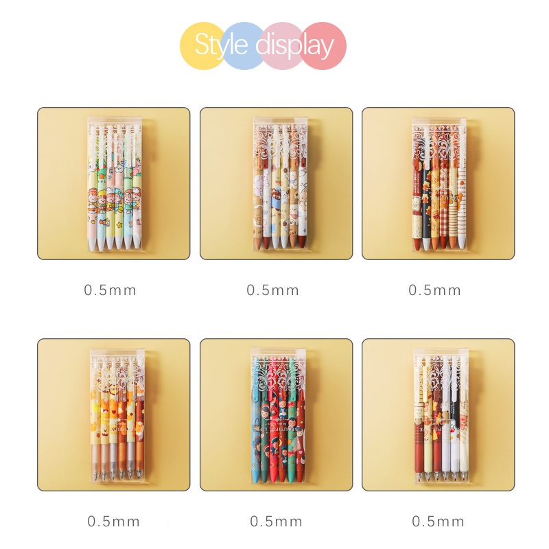 Hộp Bút Bấm 6 Bút Mực Cỡ Nhỏ Họa Tiết Hoạt Hình Dễ Thương Cho Học Sinh / Văn Phòng